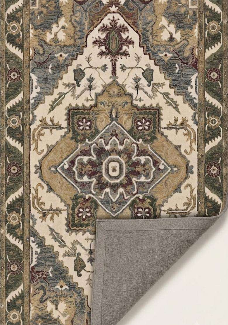 Saffron Rugs Hand-Tufted 100% Wool Area Rug | Ivory Beige Rectangular Rug | Cotton Backing | Classic Floral Carpet for Living Room - Indya