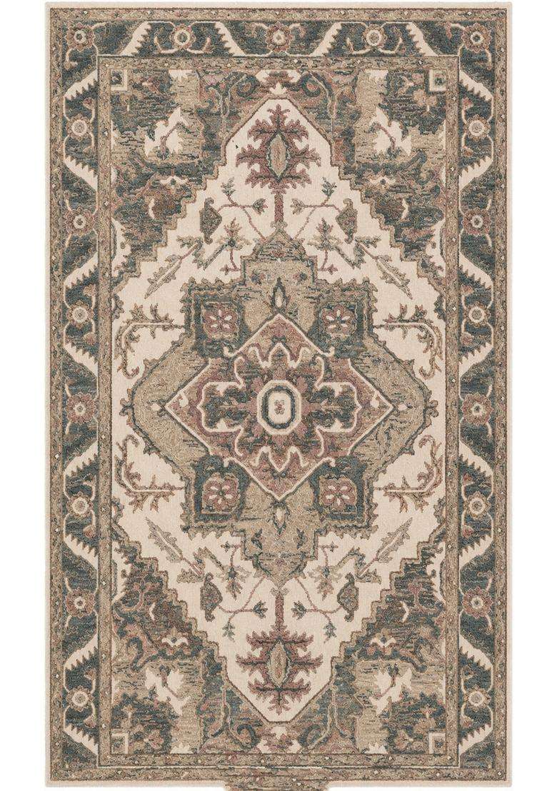 Saffron Rugs Beige Cream Oriental Floral Hand Tufted Wool Rectangular Rug - Indya