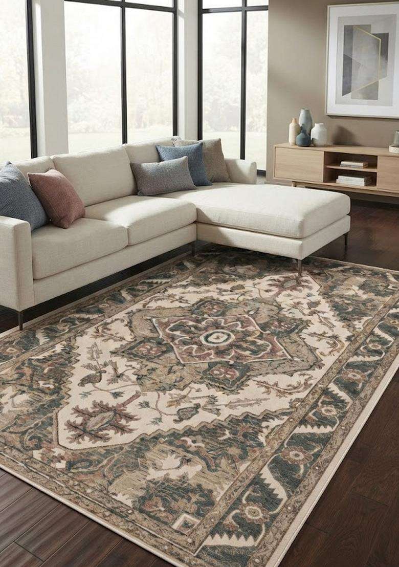 Saffron Rugs Hand-Tufted 100% Wool Area Rug | Beige Cream Rectangular Rug | Cotton Backing | Oriental Floral Carpet for Living Room - Indya