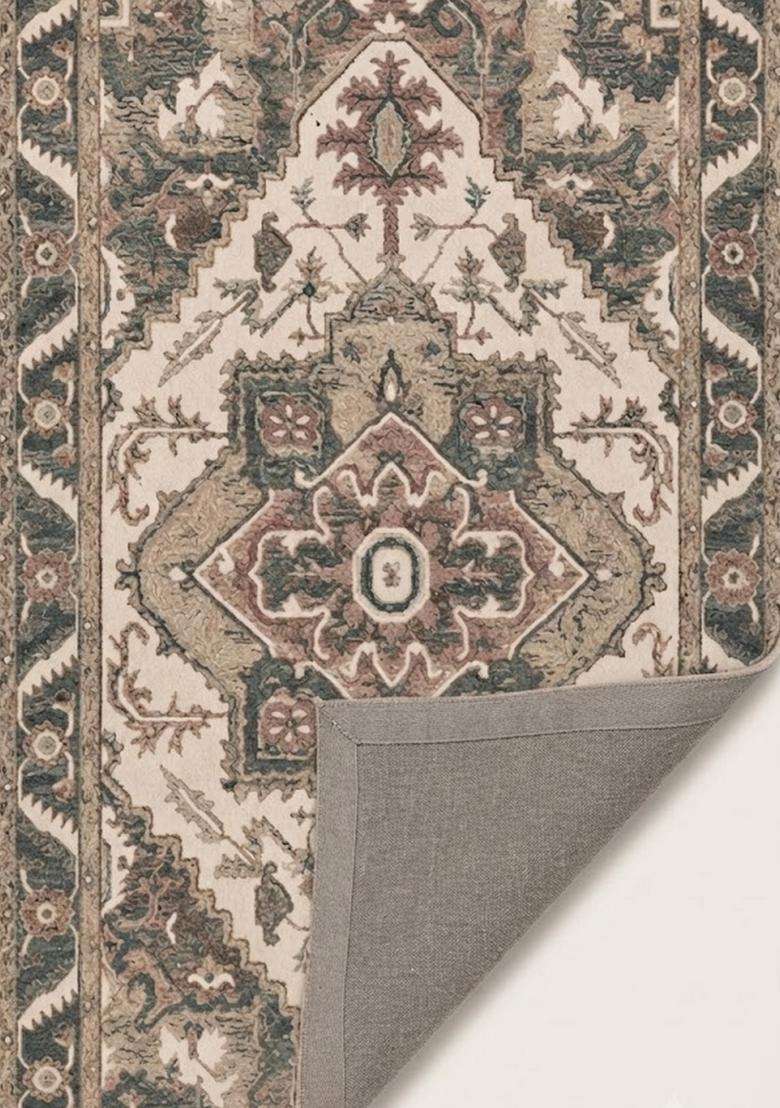 Saffron Rugs Beige Cream Oriental Floral Hand Tufted Wool Rectangular Rug - Indya