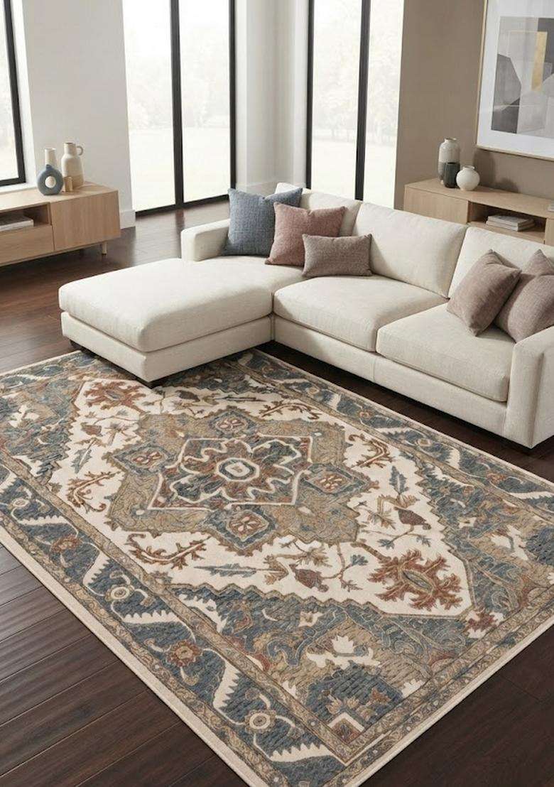 Saffron Rugs Ivory Blue Multi Oriental Floral Hand Tufted Wool Rectangular Rug - Indya