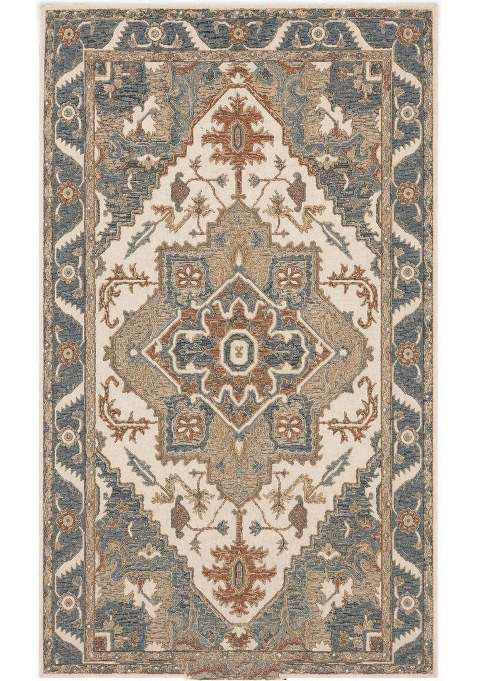 100% Wool Handmade Ivory Blue Multi Rug | Oriental Floral Carpet With Cotton Backing For Living Room