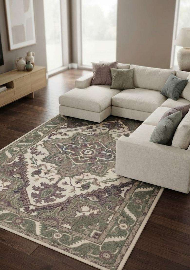 Saffron Rugs Ivory Green Multi Oriental Floral Hand Tufted Wool Rectangular Rug - Indya