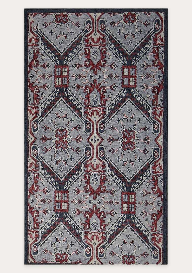 Saffron Rugs Blue Grey Oriental Geometric Hand Tufted Wool Rectangular Rug - Indya