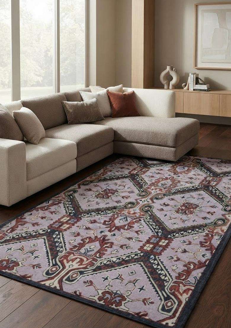 Saffron Rugs Lavender Multicolor Oriental Geometric Hand Tufted Wool Rectangular Rug - Indya