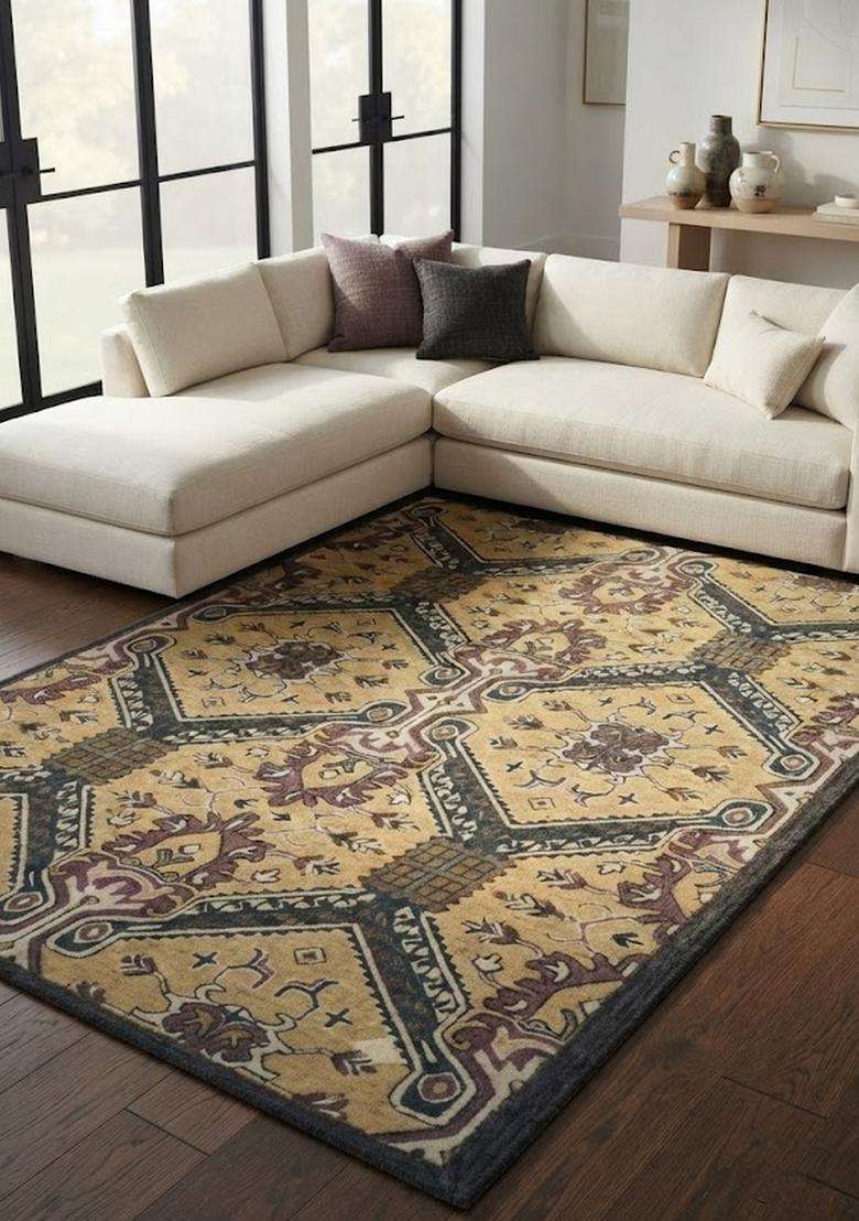 Saffron Rugs Gold Oriental Geometric Hand Tufted Wool Rectangular Rug - Indya
