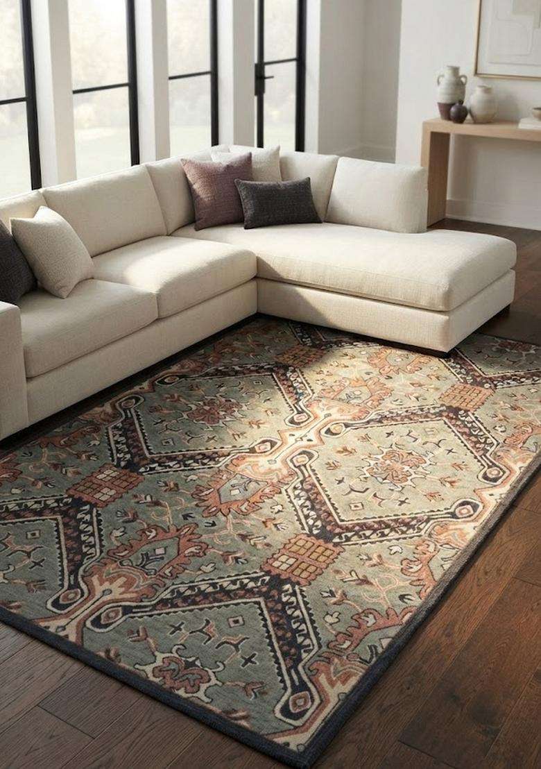 Saffron Rugs Hand-Tufted 100% Wool Area Rug | Sage Green Multi Rectangular Rug | Cotton Backing | Oriental Geometric Carpet for Living Room - Indya