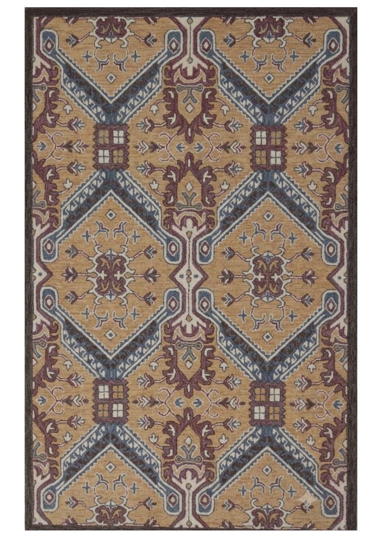 Saffron Rugs Gold Brown Oriental Geometric Hand Tufted Wool Rectangular Rug - Indya