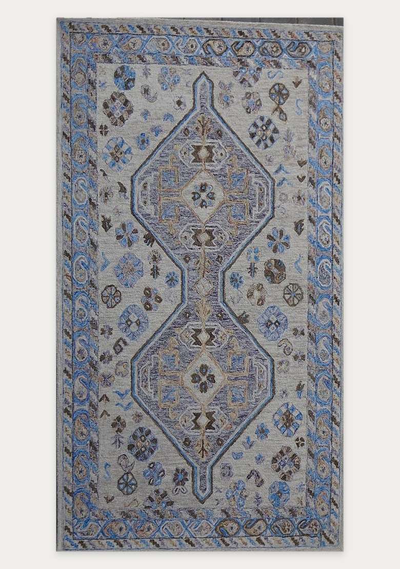 Saffron Rugs Blue Grey Transitional Geometric Hand Tufted Wool Rectangular Rug - Indya