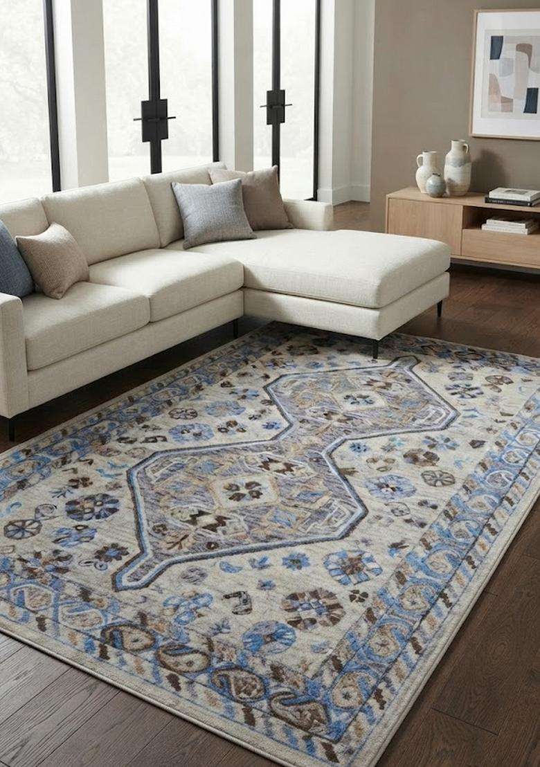 Saffron Rugs Hand-Tufted 100% Wool Area Rug | Blue Grey Rectangular Rug | Cotton Backing | Transitional Geometric Carpet for Living Room - Indya