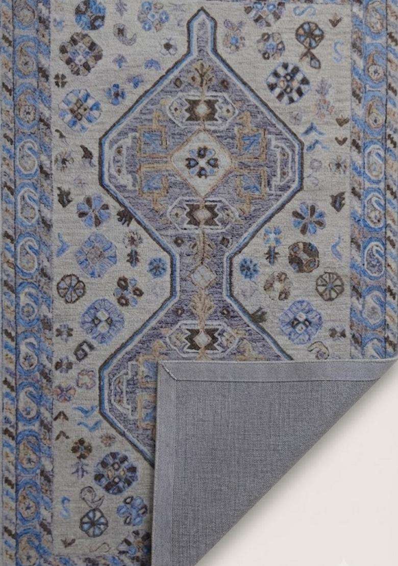 Saffron Rugs Blue Grey Transitional Geometric Hand Tufted Wool Rectangular Rug - Indya
