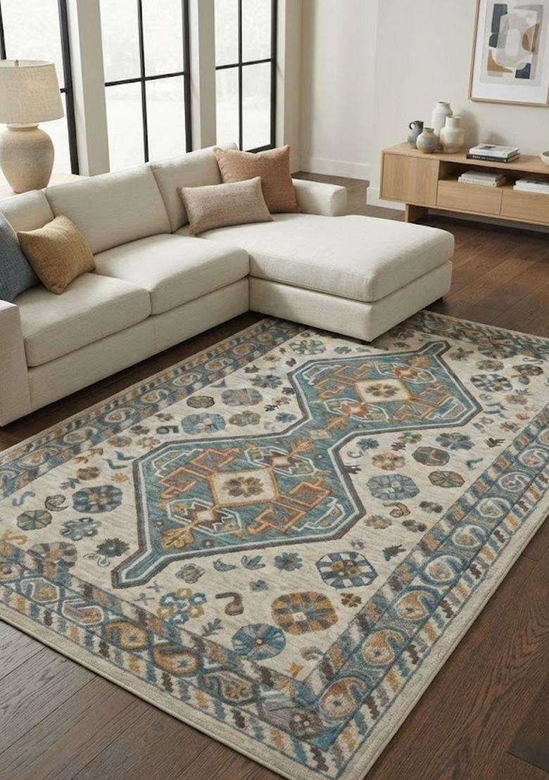 Saffron Rugs Cream Beige Oriental Geometric Hand Tufted Wool Rectangular Rug - Indya