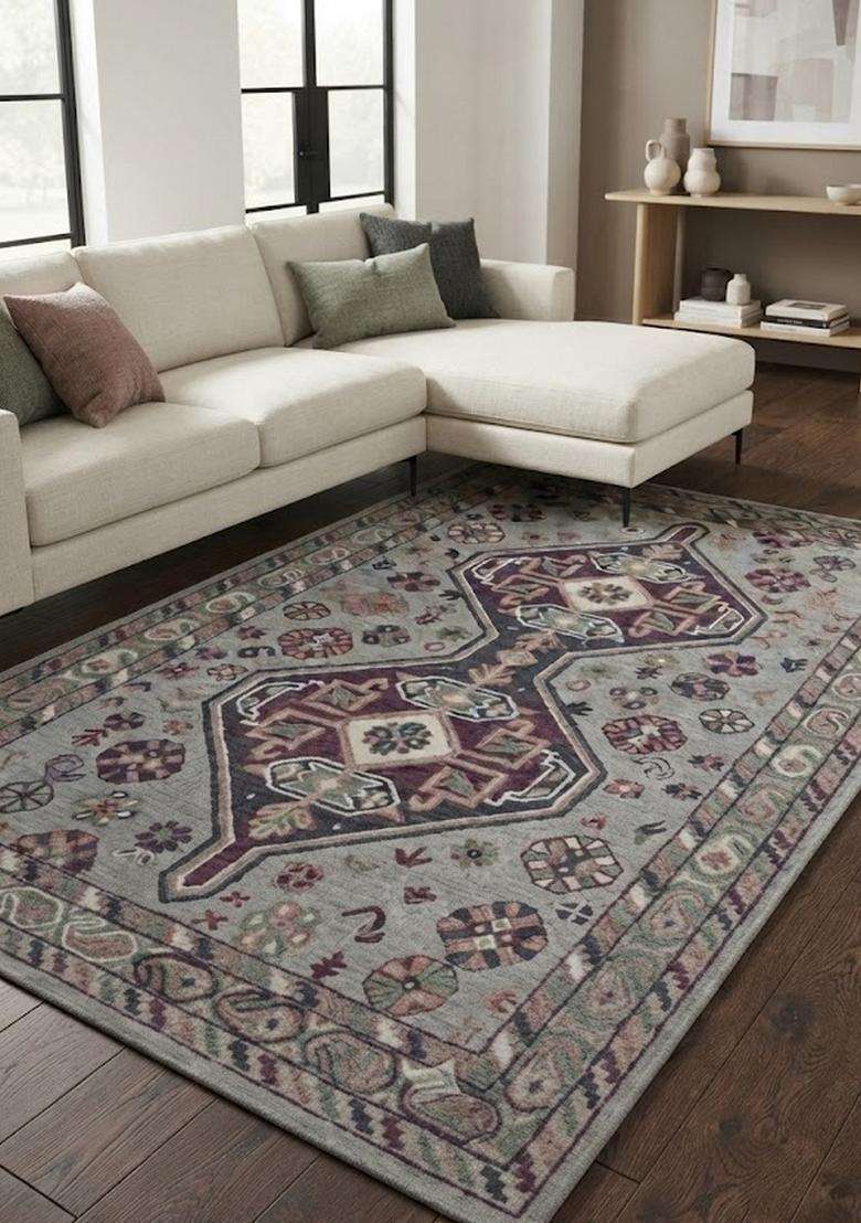 Saffron Rugs Hand-Tufted 100% Wool Area Rug | Grey Multicolor Rectangular Rug | Cotton Backing | Oriental Geometric Carpet for Living Room - Indya