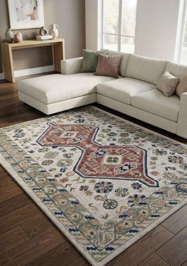 Saffron Rugs Hand-Tufted 100% Wool Area Rug | Ivory Multi Rectangular Rug | Cotton Backing | Oriental Geometric Carpet for Living Room - Indya