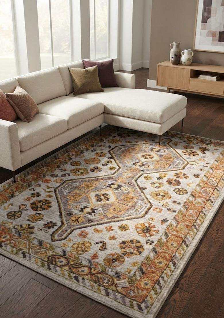 Saffron Rugs Hand-Tufted 100% Wool Area Rug | Ivory Multicolor Rectangular Rug | Cotton Backing | Classic Geometric Carpet for Living Room - Indya