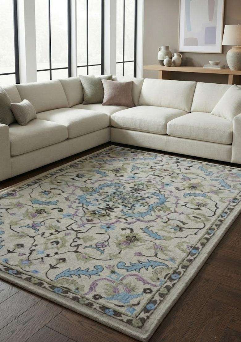 Saffron Rugs Ivory Multicolor Oriental Floral Hand Tufted Wool Rectangular Rug - Indya