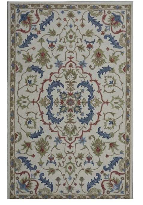 100% Wool Handmade Ivory Rug | Classic Floral Carpet With Cotton Backing For Living Room