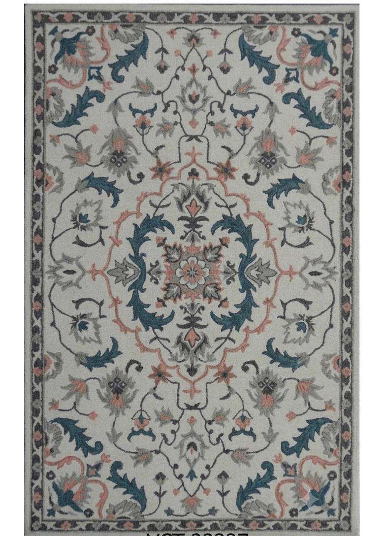 Saffron Rugs Ivory Multicolor Classic Floral Hand Tufted Wool Rectangular Rug - Indya