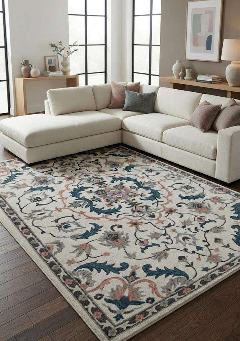 Saffron Rugs Hand-Tufted 100% Wool Area Rug | Ivory Multicolor Rectangular Rug | Cotton Backing | Classic Floral Carpet for Living Room - Indya