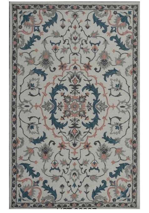 100% Wool Handmade Ivory Multicolor Rug | Classic Floral Carpet With Cotton Backing For Living Room