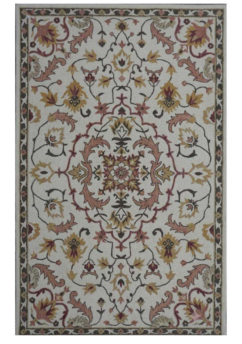 Saffron Rugs Ivory Classic Floral Hand Tufted Wool Rectangular Rug - Indya