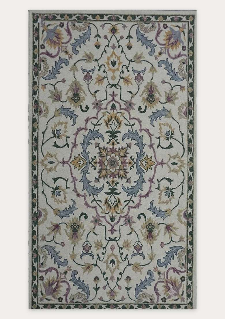 Saffron Rugs Hand-Tufted 100% Wool Area Rug | Ivory Multicolor Rectangular Rug | Cotton Backing | Classic Floral Carpet for Living Room - Indya