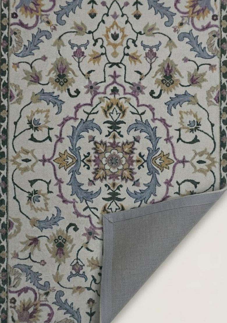 Saffron Rugs Hand-Tufted 100% Wool Area Rug | Ivory Multicolor Rectangular Rug | Cotton Backing | Classic Floral Carpet for Living Room - Indya