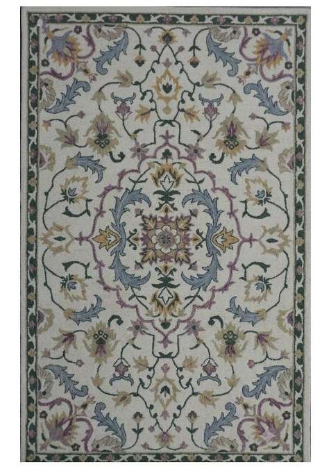 100% Wool Handmade Ivory Multicolor Rug | Classic Floral Carpet With Cotton Backing For Living Room