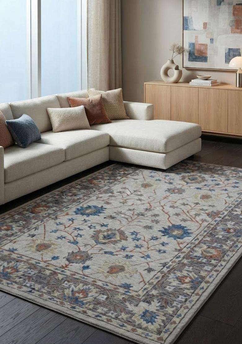 Saffron Rugs Light Grey Blue Transitional Floral Hand Tufted Wool Rectangular Rug - Indya