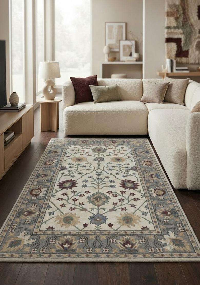 Saffron Rugs Ivory Grey Classic Floral Hand Tufted Wool Rectangular Rug - Indya
