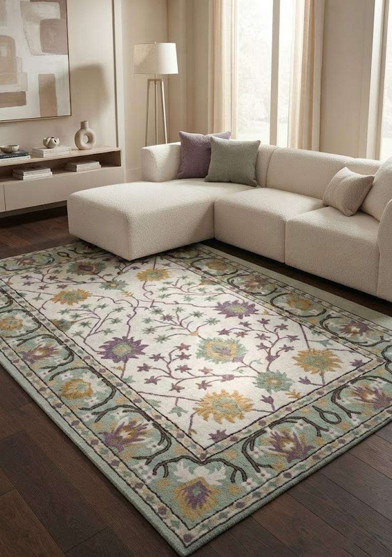 Saffron Rugs Ivory Multicolor Classic Floral Hand Tufted Wool Rectangular Rug - Indya