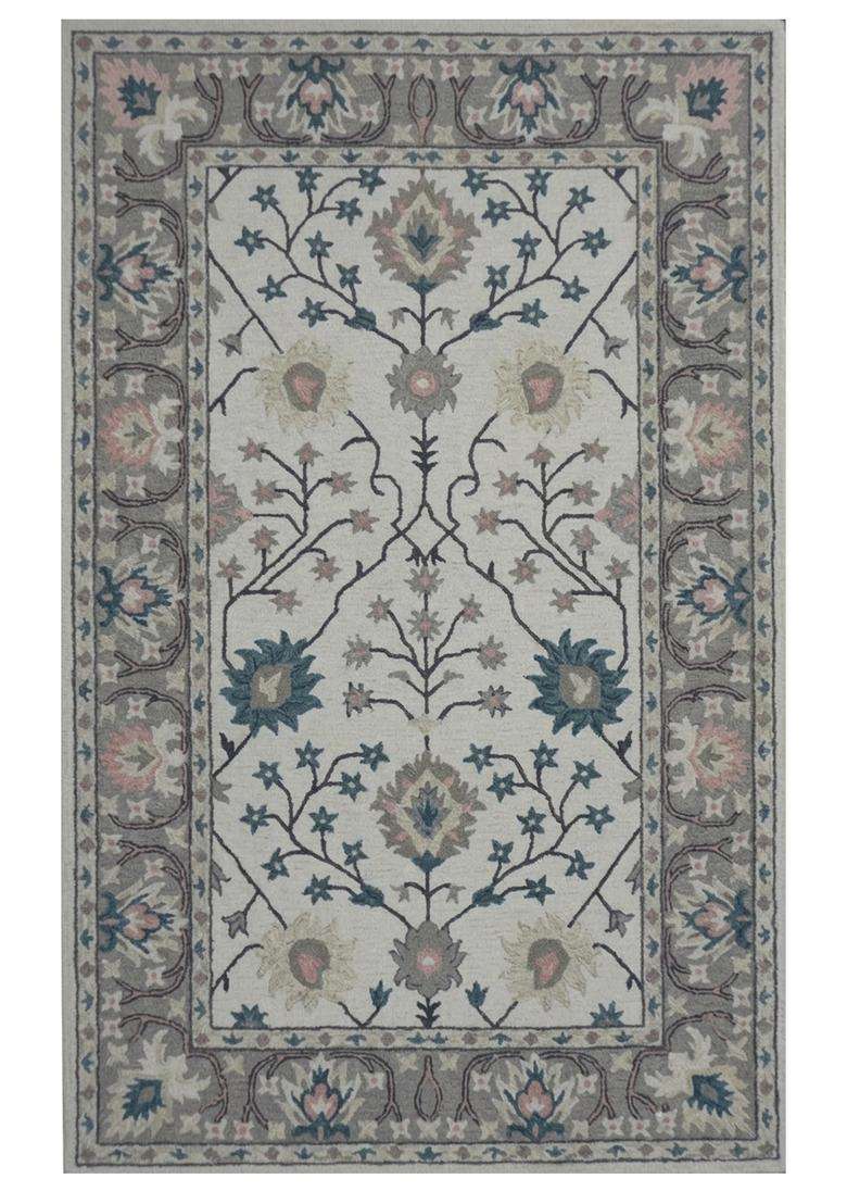 Saffron Rugs Ivory Classic Floral Hand Tufted Wool Rectangular Rug - Indya