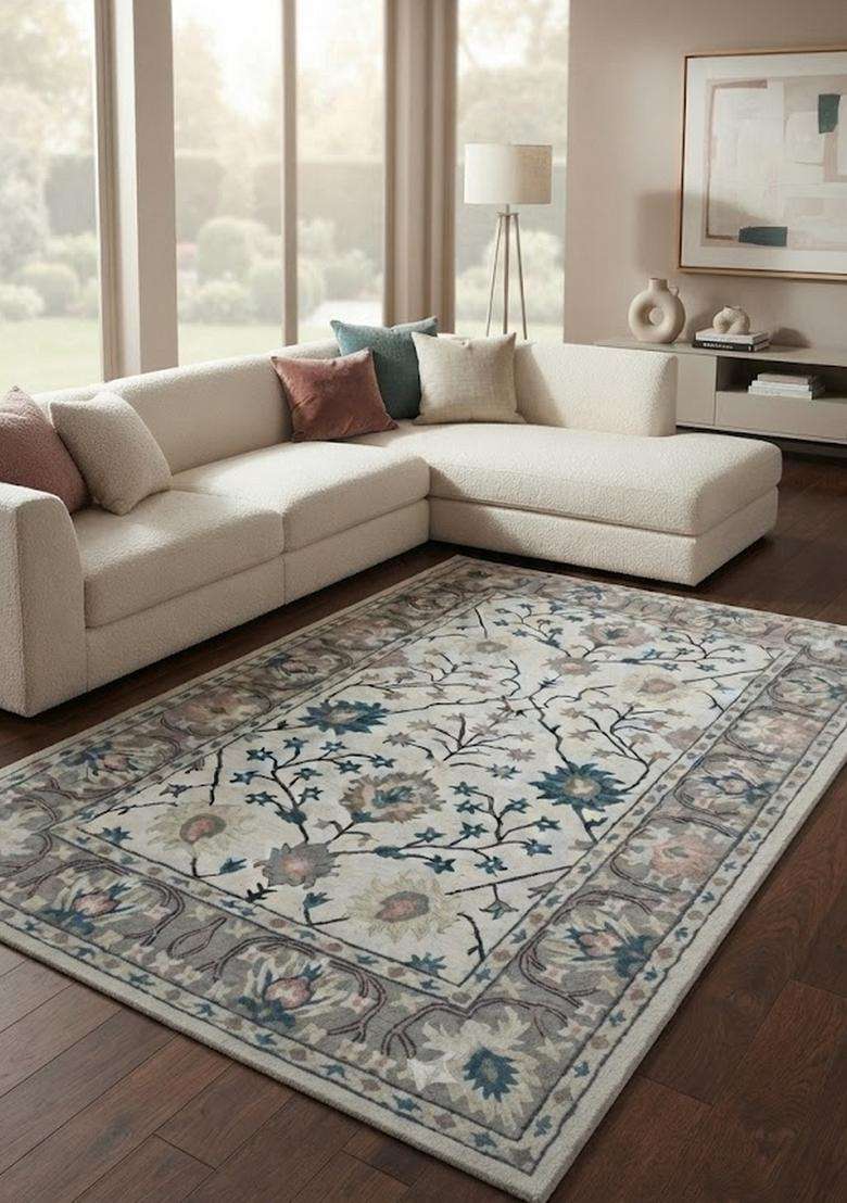 Saffron Rugs Hand-Tufted 100% Wool Area Rug | Ivory Floral Rectangular Rug | Cotton Backing | Classic Floral Carpet for Living Room - Indya