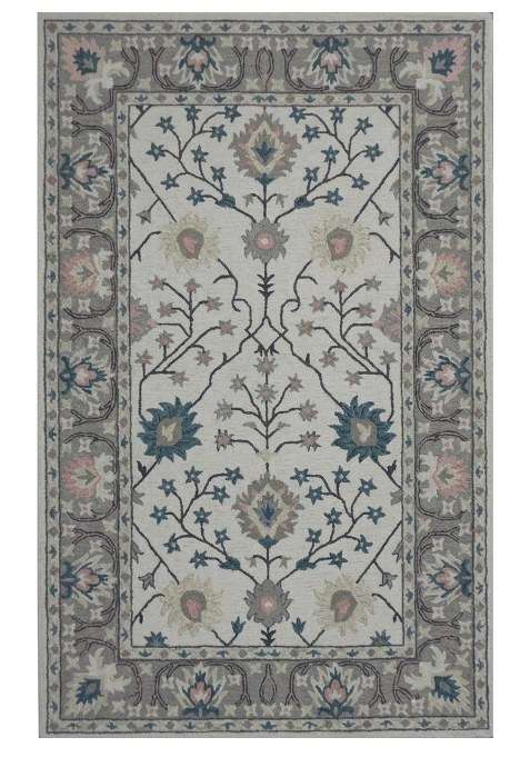 100% Wool Handmade Ivory Floral Rug | Classic Floral Carpet With Cotton Backing For Living Room