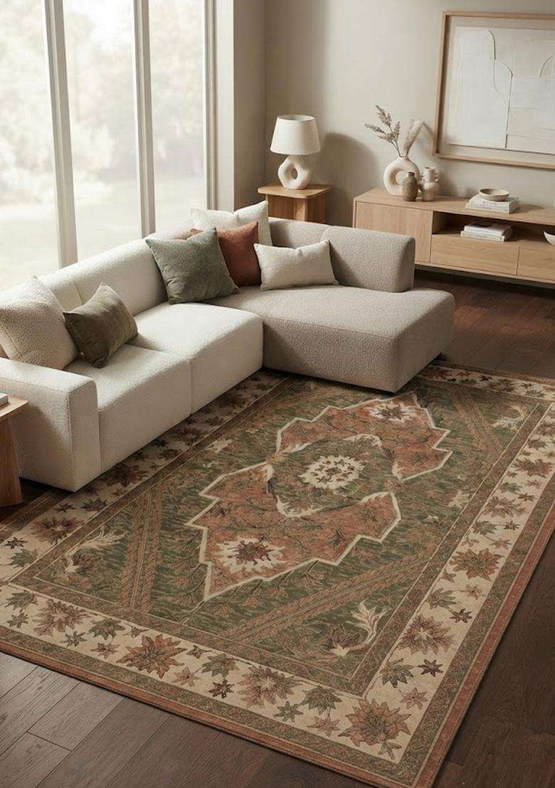 Saffron Rugs Olive Green Terracotta Oriental Floral Hand Tufted Wool Rectangular Rug - Indya