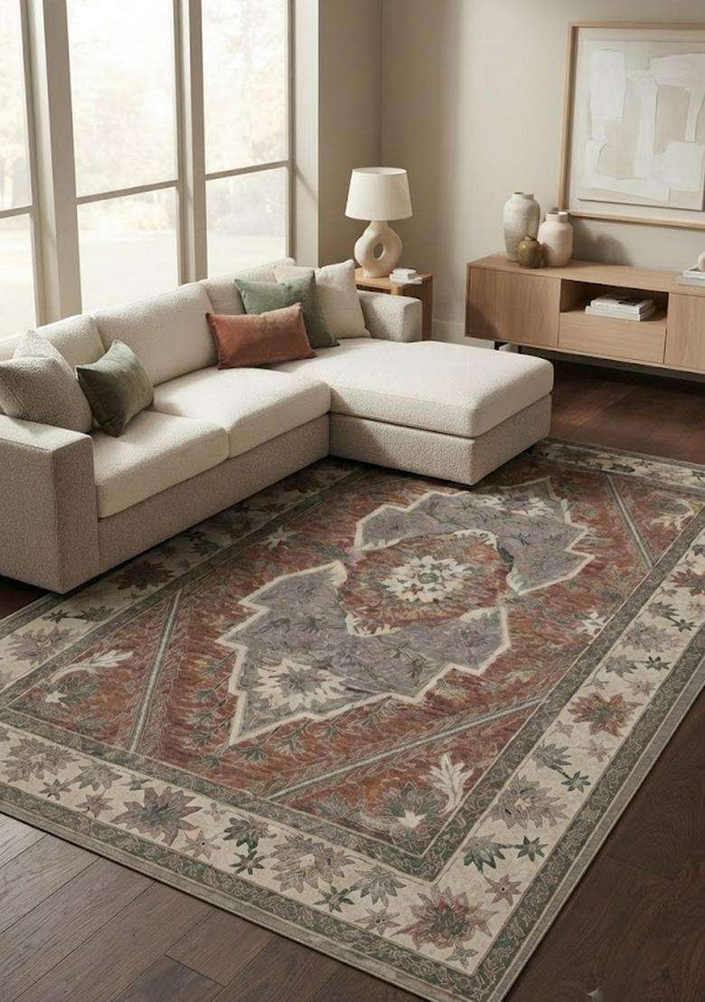 Saffron Rugs Rust Grey Beige Oriental Floral Hand Tufted Wool Rectangular Rug - Indya