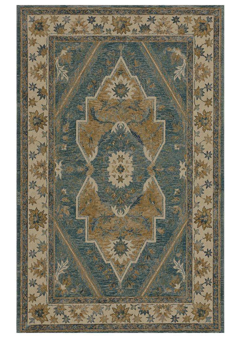 Saffron Rugs Teal Blue Oriental Floral Hand Tufted Wool Rectangular Rug - Indya