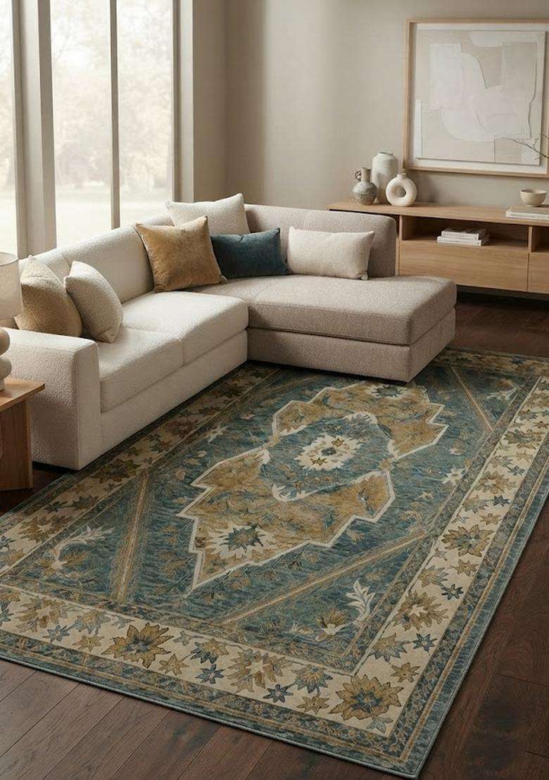 Saffron Rugs Hand-Tufted 100% Wool Area Rug | Teal Blue Rectangular Rug | Cotton Backing | Oriental Floral Carpet for Living Room - Indya