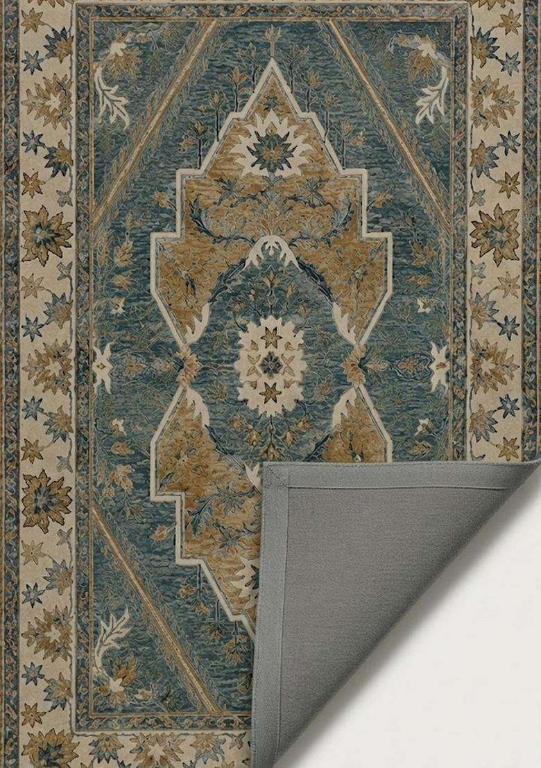 Saffron Rugs Teal Blue Oriental Floral Hand Tufted Wool Rectangular Rug - Indya