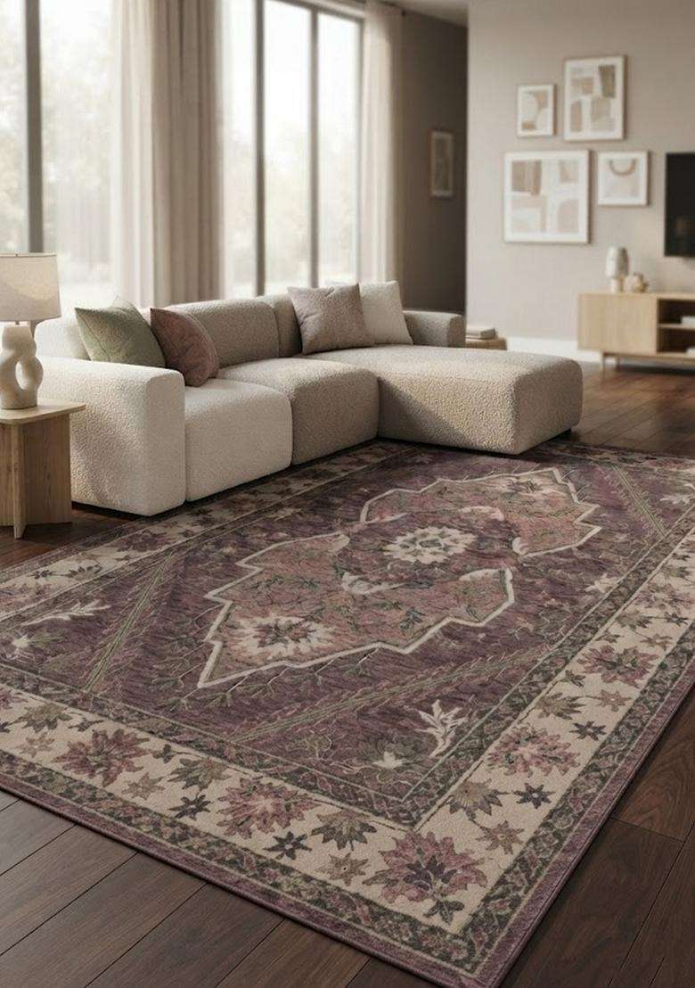Saffron Rugs Dusty Mauve Oriental Geometric Hand Tufted Wool Rectangular Rug - Indya