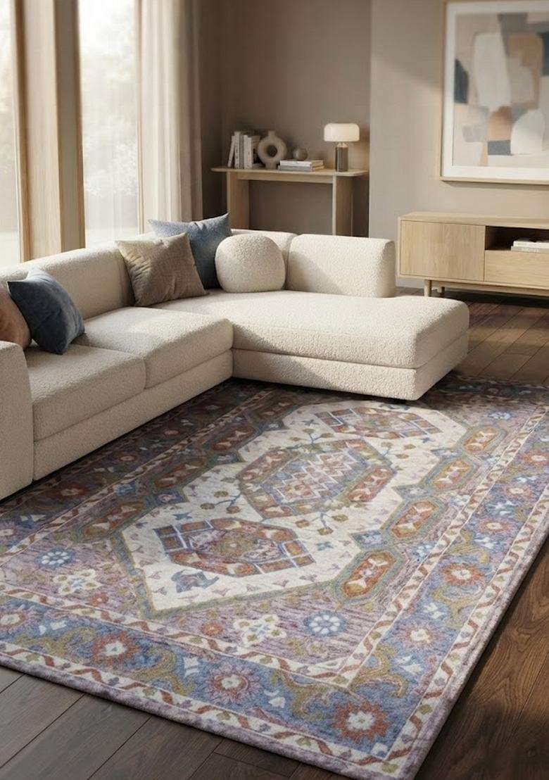 Saffron Rugs Ivory Multicolor Oriental Geometric Hand Tufted Wool Rectangular Rug - Indya