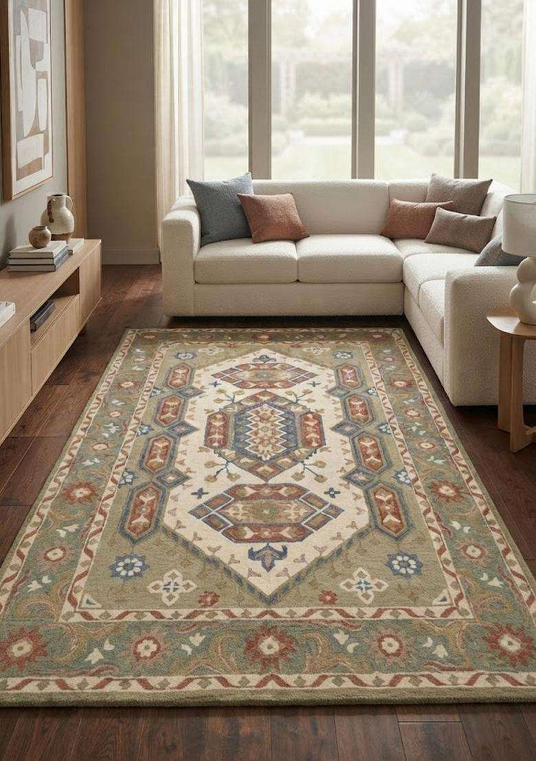 Saffron Rugs Hand-Tufted 100% Wool Area Rug | Sage Green Rectangular Rug | Cotton Backing | Oriental Geometric Carpet for Living Room - Indya