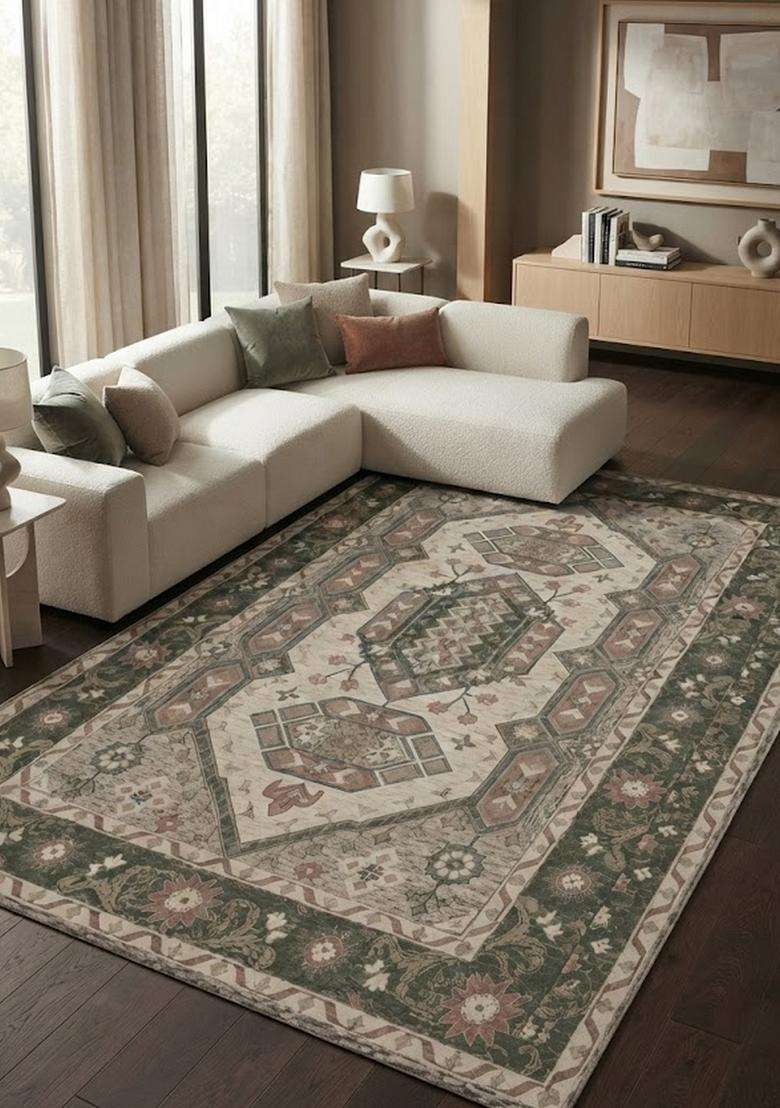 Saffron Rugs Hand-Tufted 100% Wool Area Rug | Cream Green Rectangular Rug | Cotton Backing | Classic Floral Carpet for Living Room - Indya
