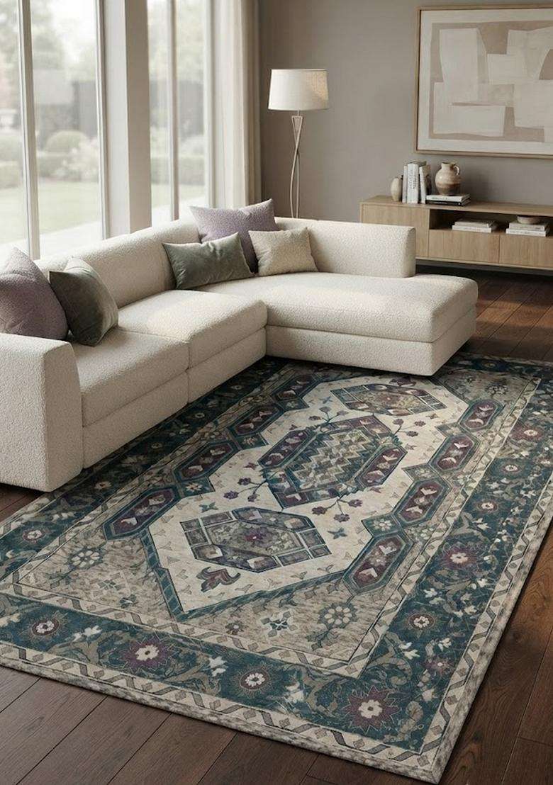 Saffron Rugs Ivory Teal Oriental Geometric Hand Tufted Wool Rectangular Rug - Indya