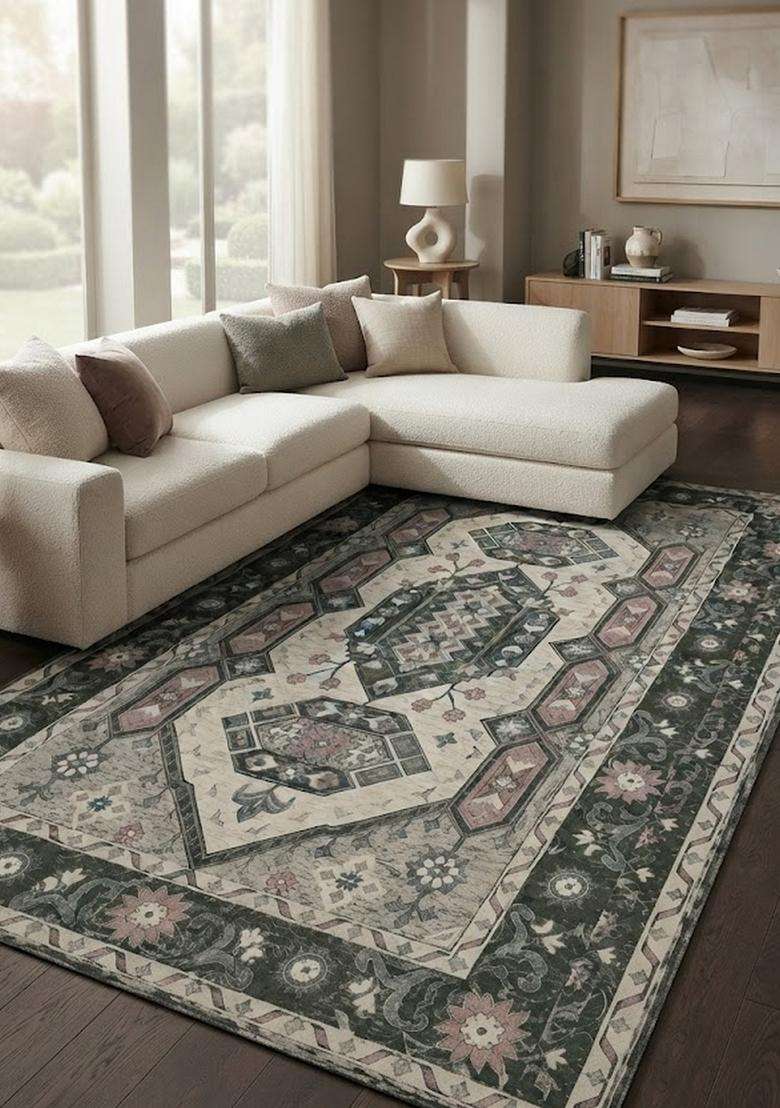 Saffron Rugs Dark Green Cream Oriental Floral Hand Tufted Wool Rectangular Rug - Indya