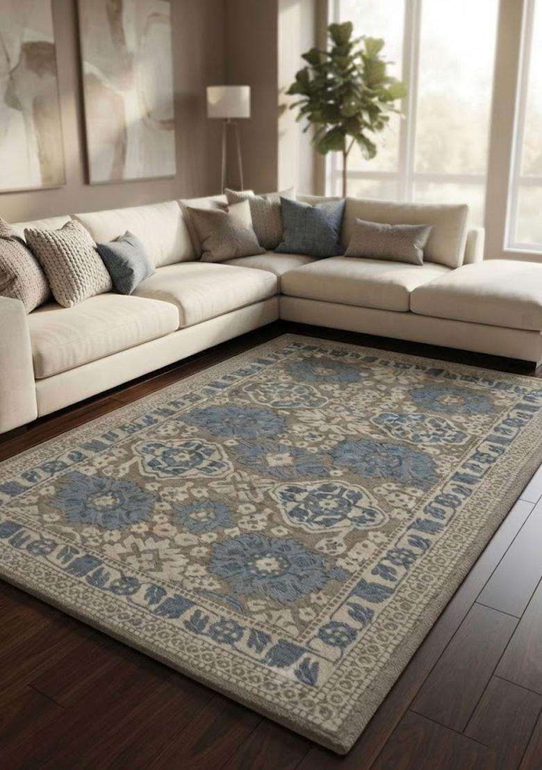 Saffron Rugs Beige Blue Classic Floral Hand Tufted Wool Rectangular Rug - Indya