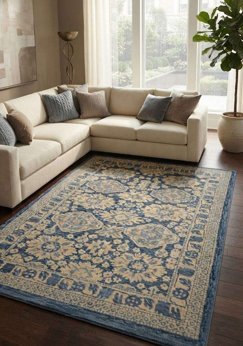 Saffron Rugs Navy Blue Oriental Floral Hand Tufted Wool Rectangular Rug - Indya
