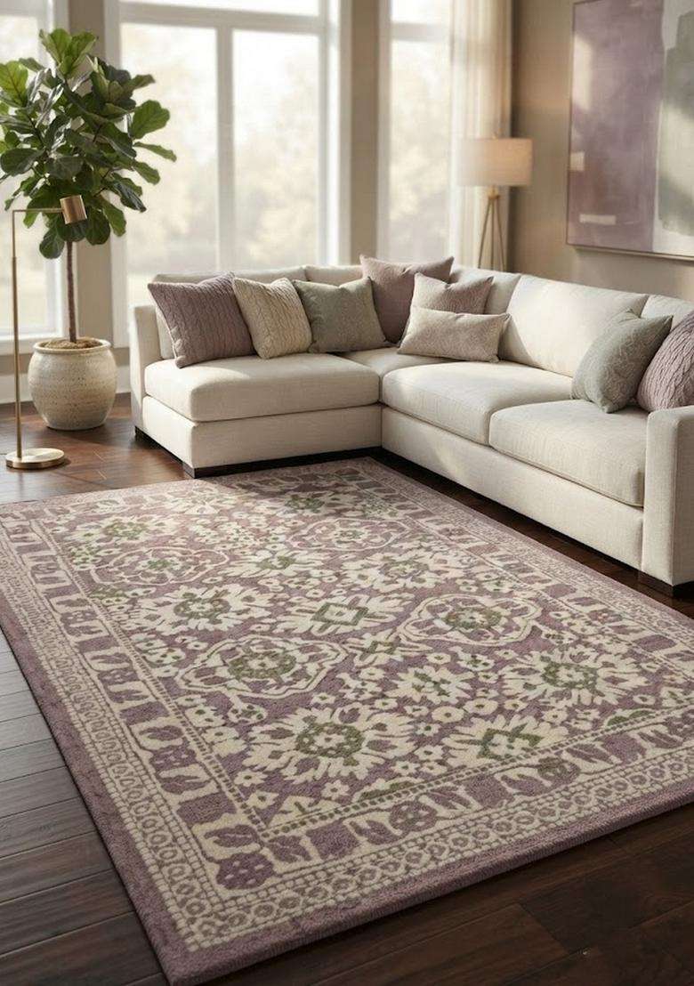 Saffron Rugs Mauve Purple Classic Floral Hand Tufted Wool Rectangular Rug - Indya