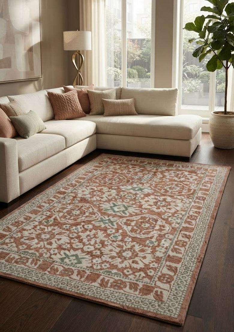 Saffron Rugs Terracotta Beige Oriental Floral Hand Tufted Wool Rectangular Rug - Indya