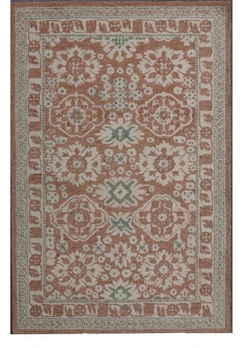 100% Wool Handmade Terracotta Beige Rug | Oriental Floral Carpet With Cotton Backing For Living Room